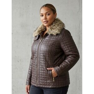 Therapy Faux Leather Quilted Faux Fur Collar Zip Moto Jacket Brown 3X